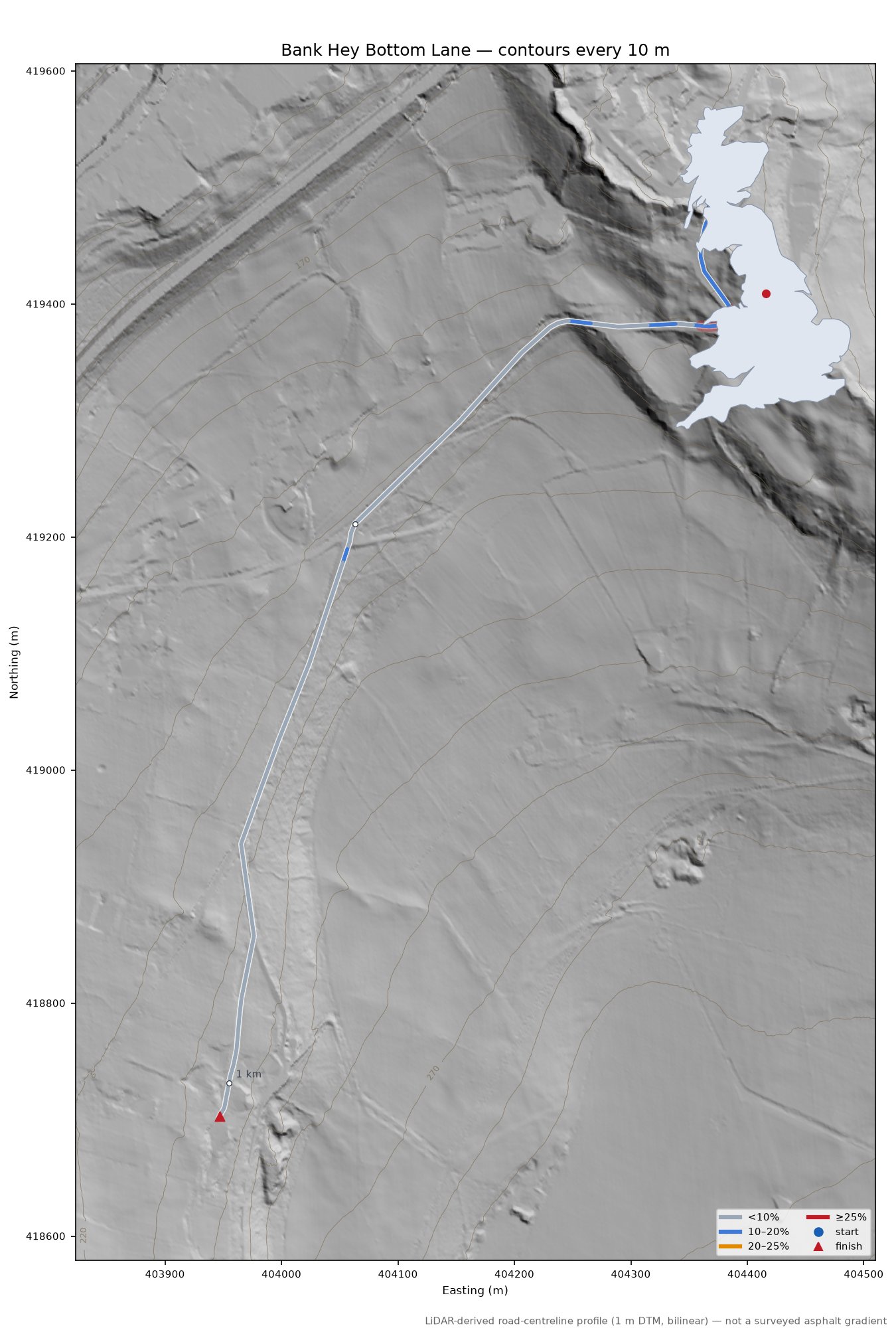 Bank Hey Bottom Lane LiDAR hillshade map with contours