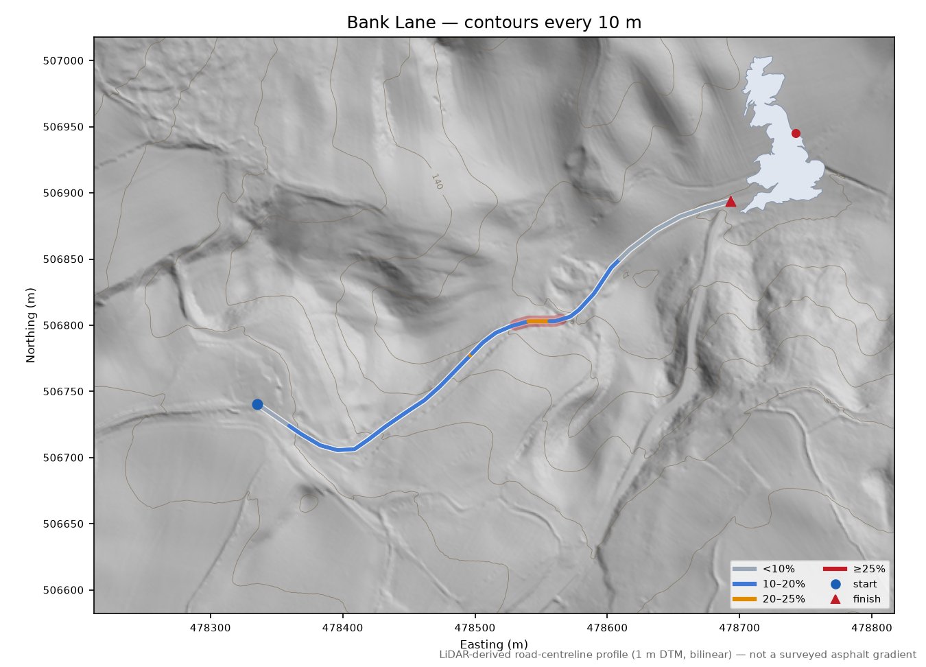 Bank Lane LiDAR hillshade map with contours
