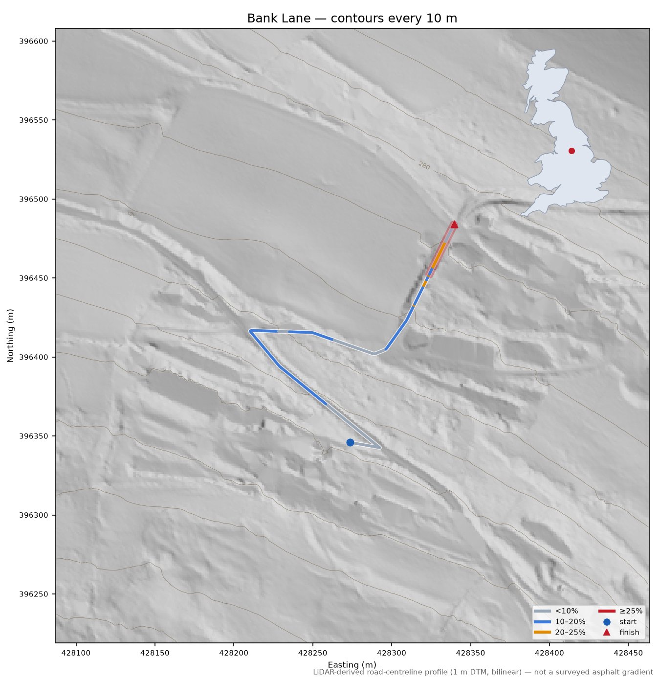 Bank Lane LiDAR hillshade map with contours