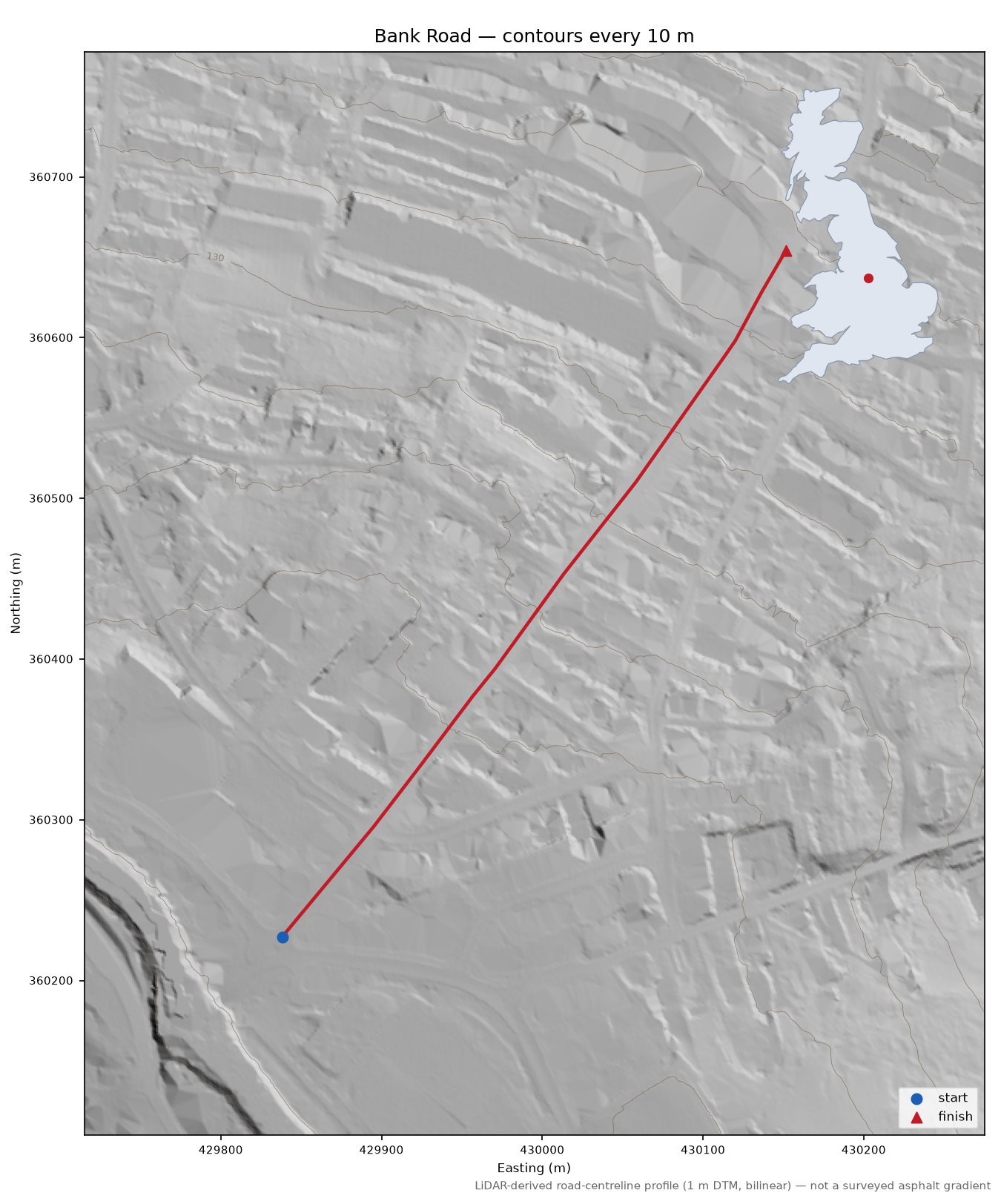 Bank Road LiDAR hillshade map with contours