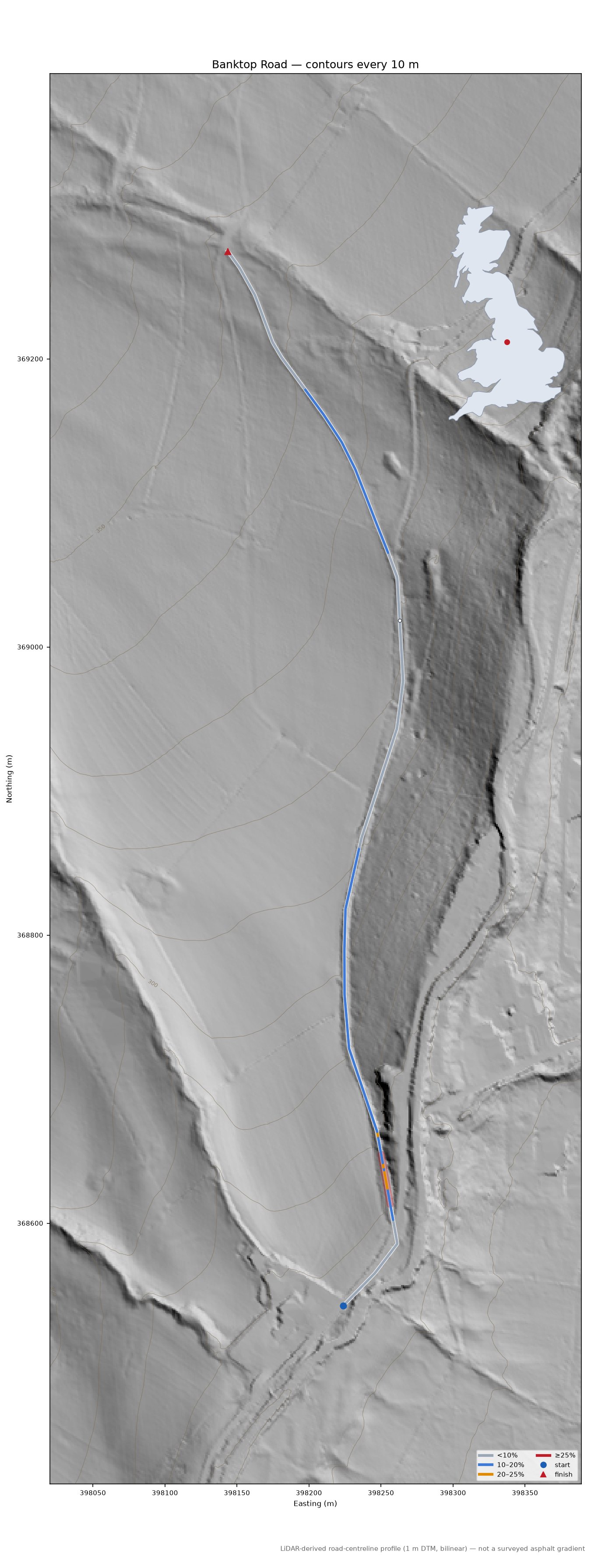 Banktop Road LiDAR hillshade map with contours