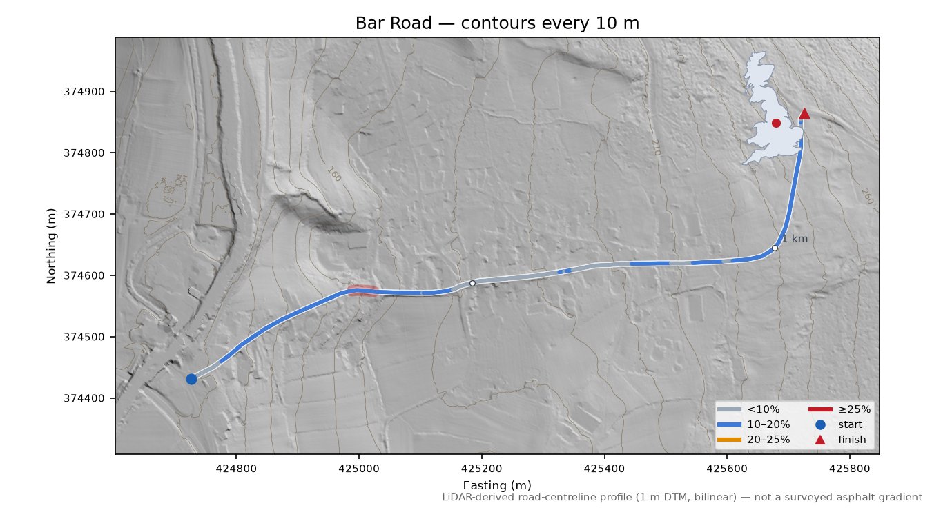 Bar Road LiDAR hillshade map with contours