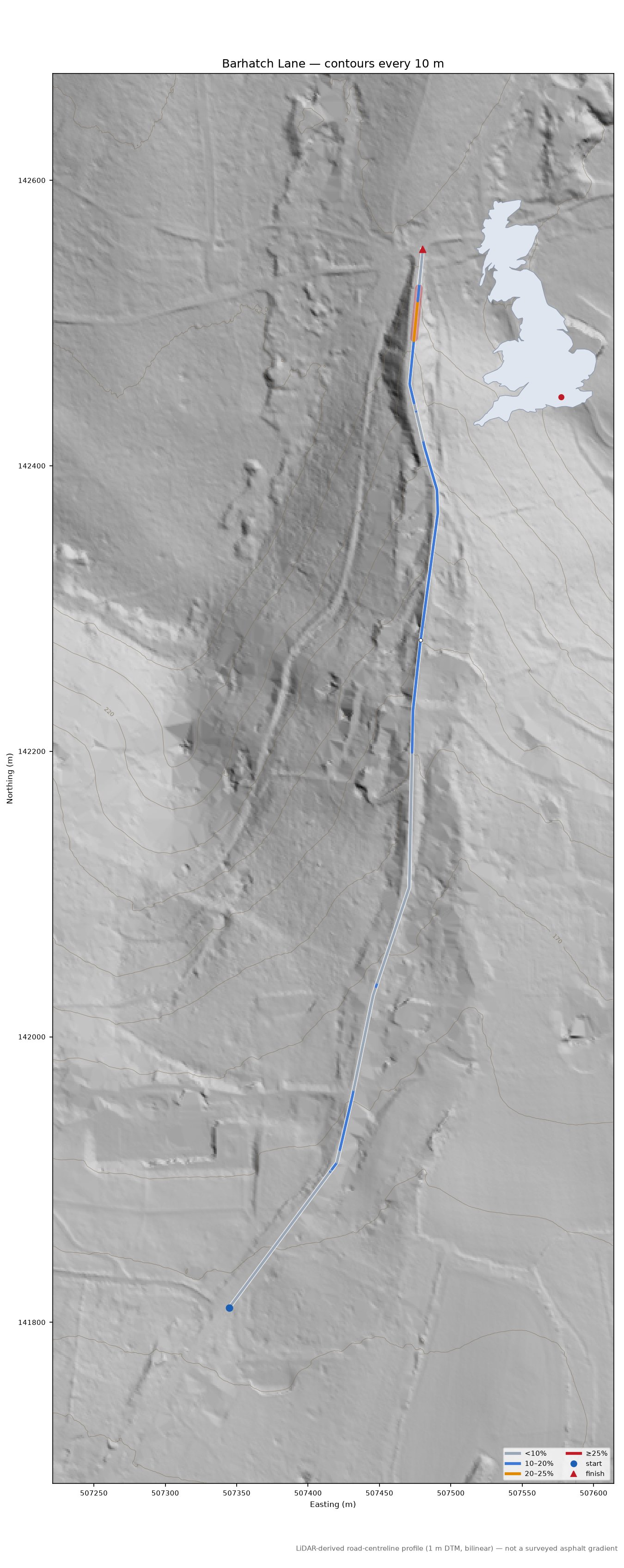Barhatch Lane LiDAR hillshade map with contours