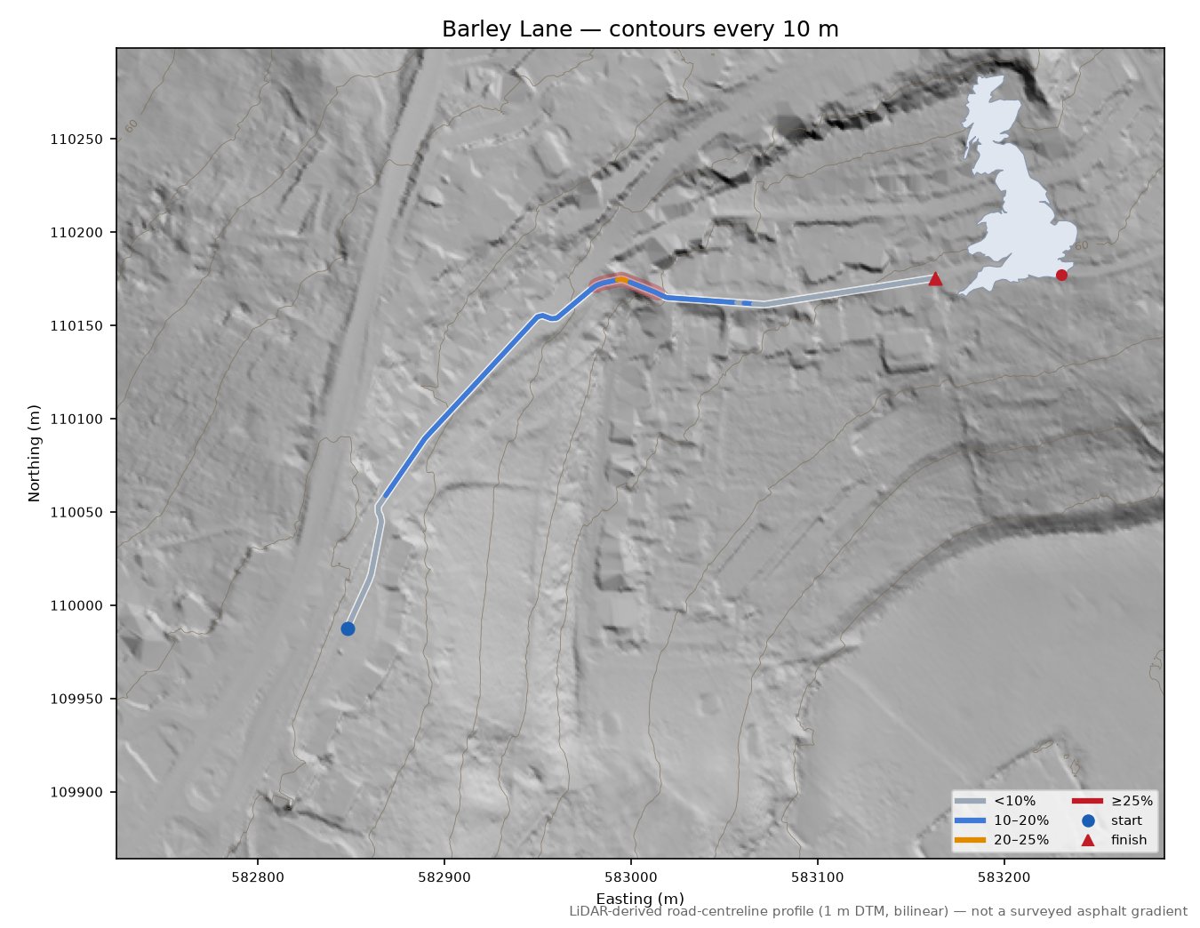 Barley Lane LiDAR hillshade map with contours
