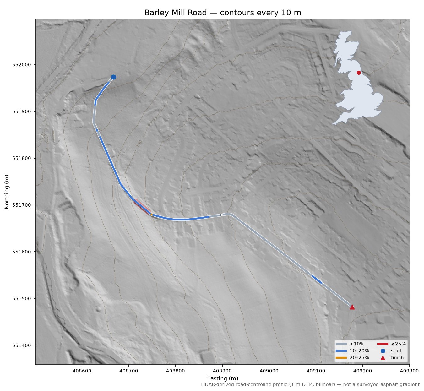 Barley Mill Road LiDAR hillshade map with contours