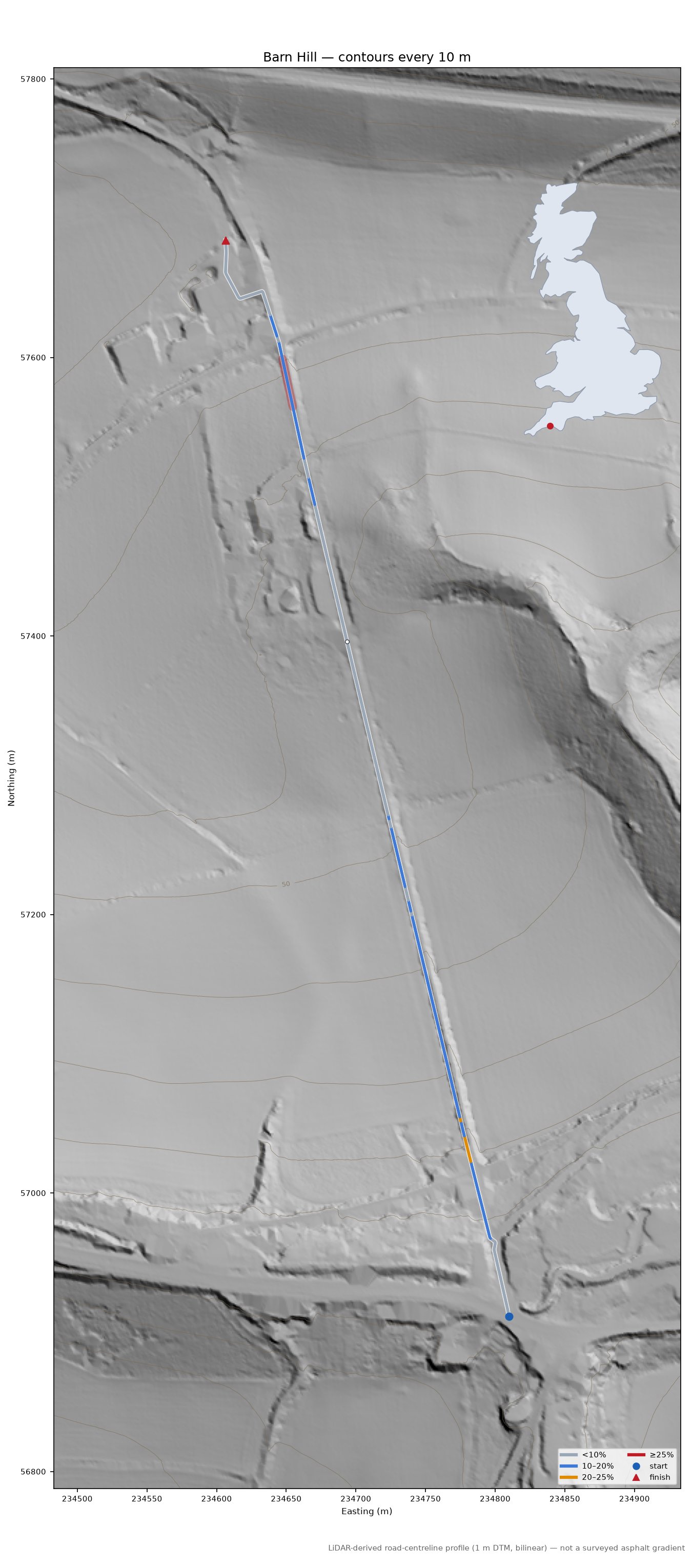 Barn Hill LiDAR hillshade map with contours