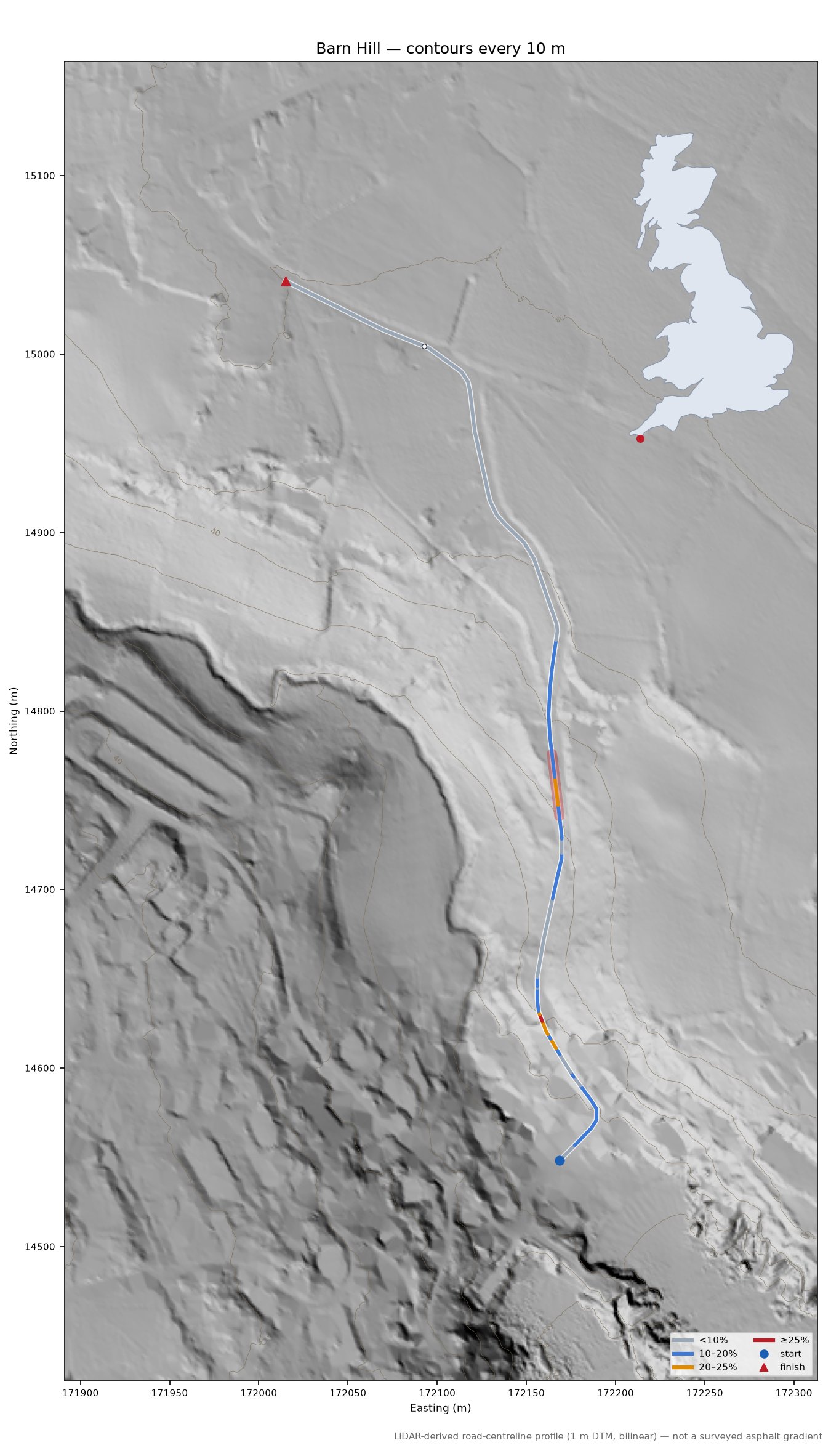 Barn Hill LiDAR hillshade map with contours