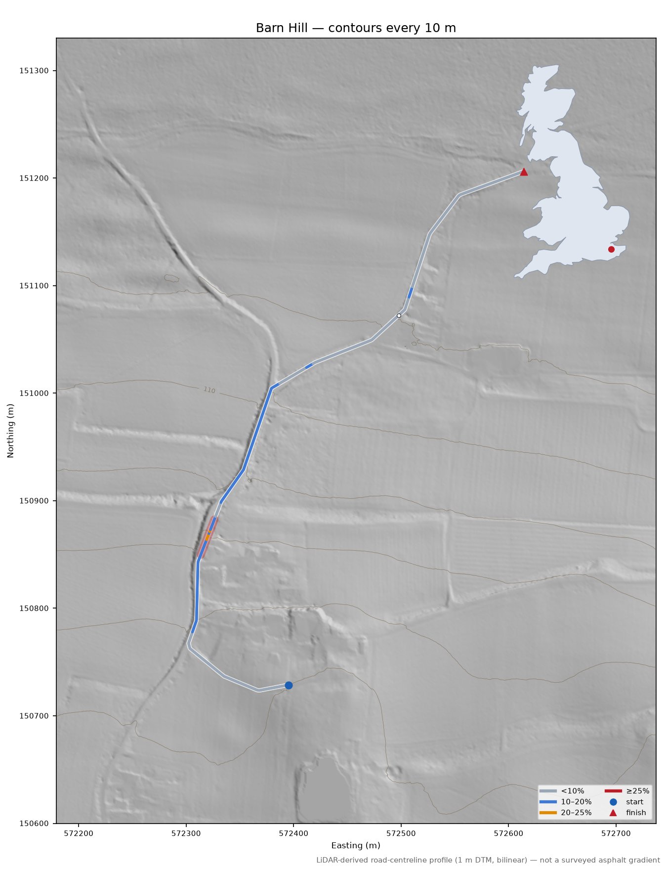 Barn Hill LiDAR hillshade map with contours