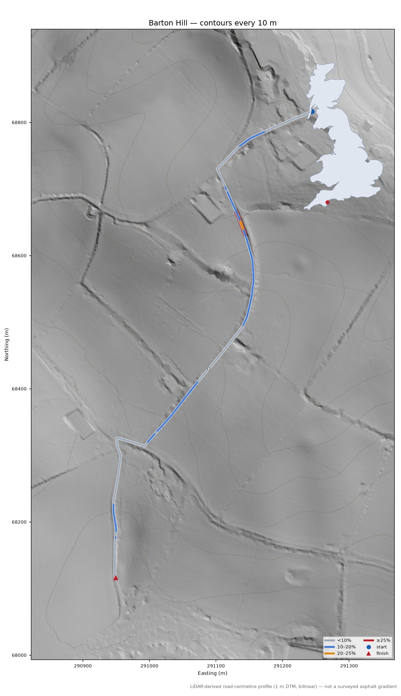Barton Hill LiDAR hillshade map with contours