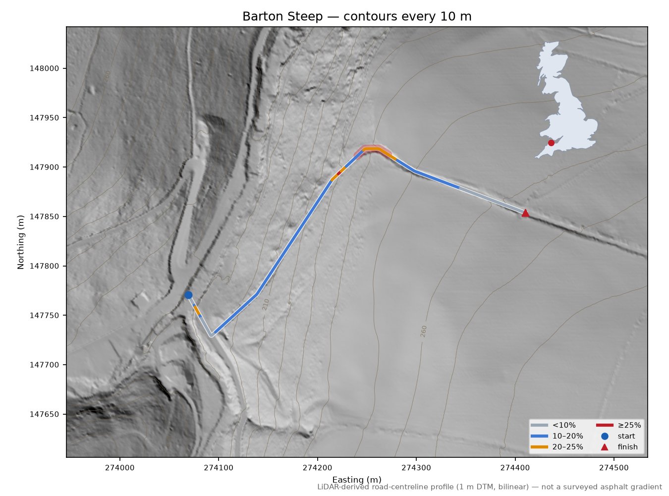 Barton Steep LiDAR hillshade map with contours