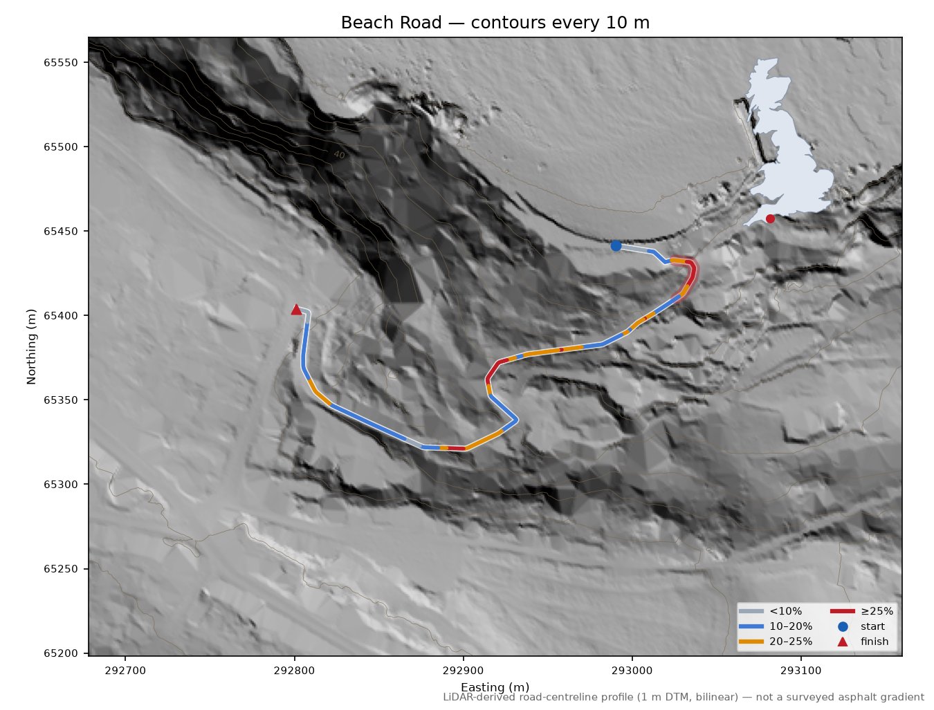 Beach Road LiDAR hillshade map with contours