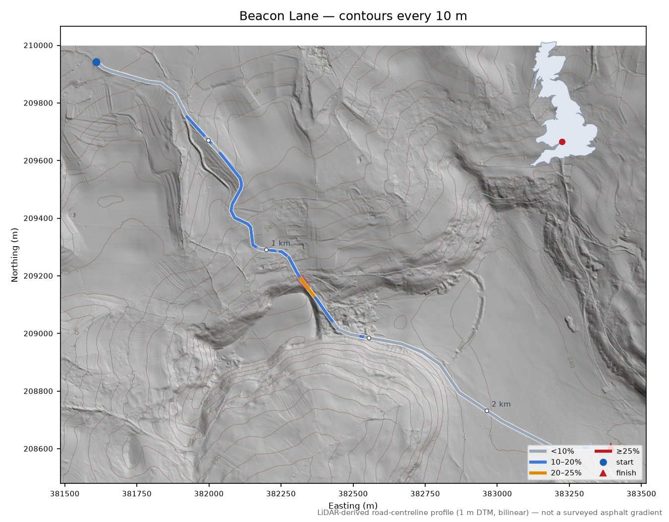 Beacon Lane LiDAR hillshade map with contours