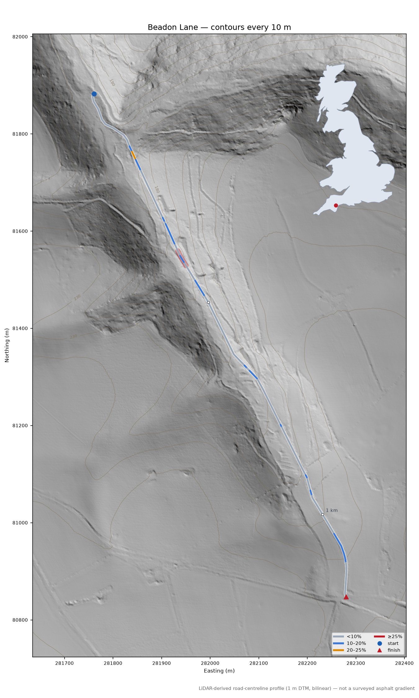 Beadon Lane LiDAR hillshade map with contours
