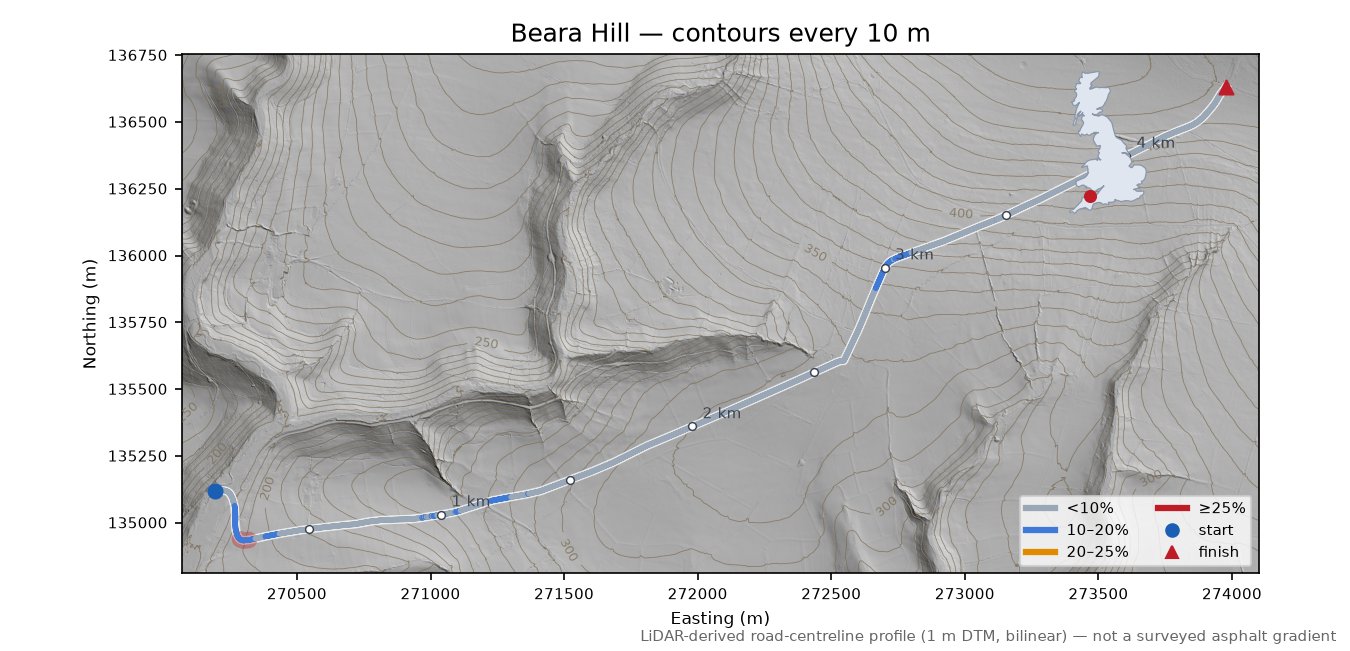 Beara Hill LiDAR hillshade map with contours
