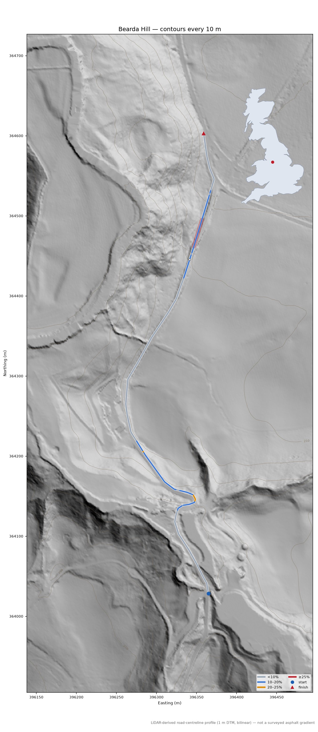 Bearda Hill LiDAR hillshade map with contours