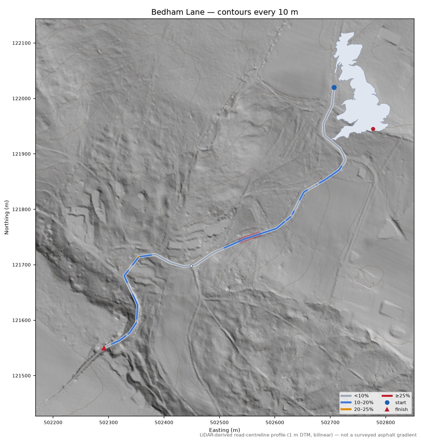 Bedham Lane LiDAR hillshade map with contours