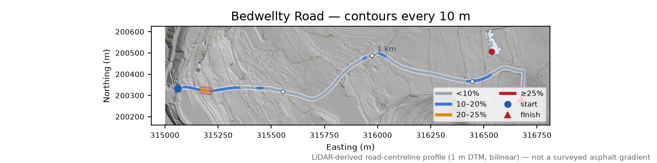 Bedwellty Road LiDAR hillshade map with contours