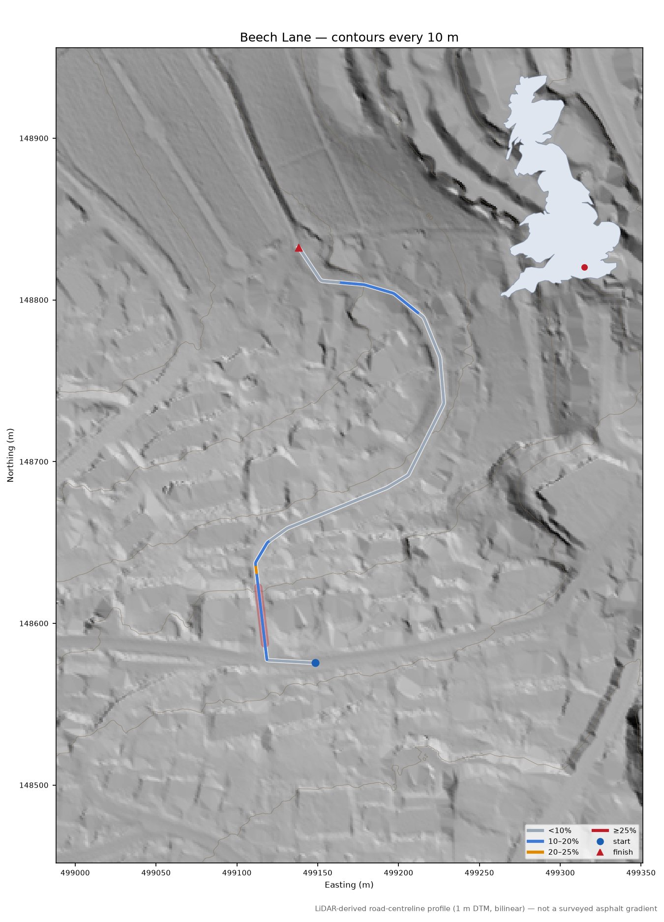 Beech Lane LiDAR hillshade map with contours