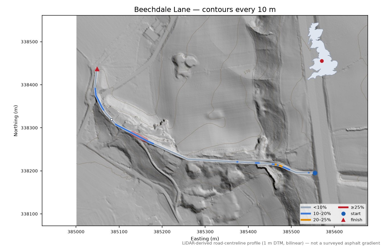 Beechdale Lane LiDAR hillshade map with contours