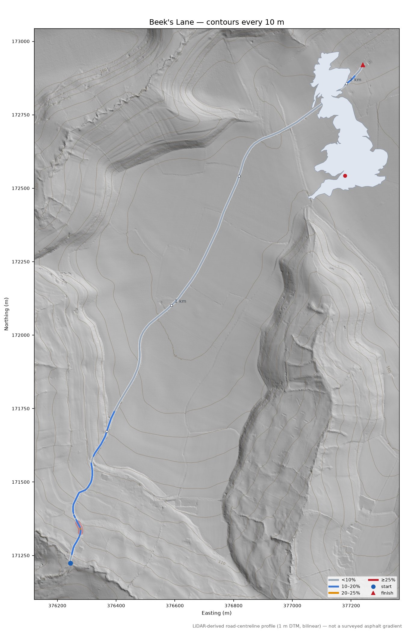 Beek's Lane LiDAR hillshade map with contours