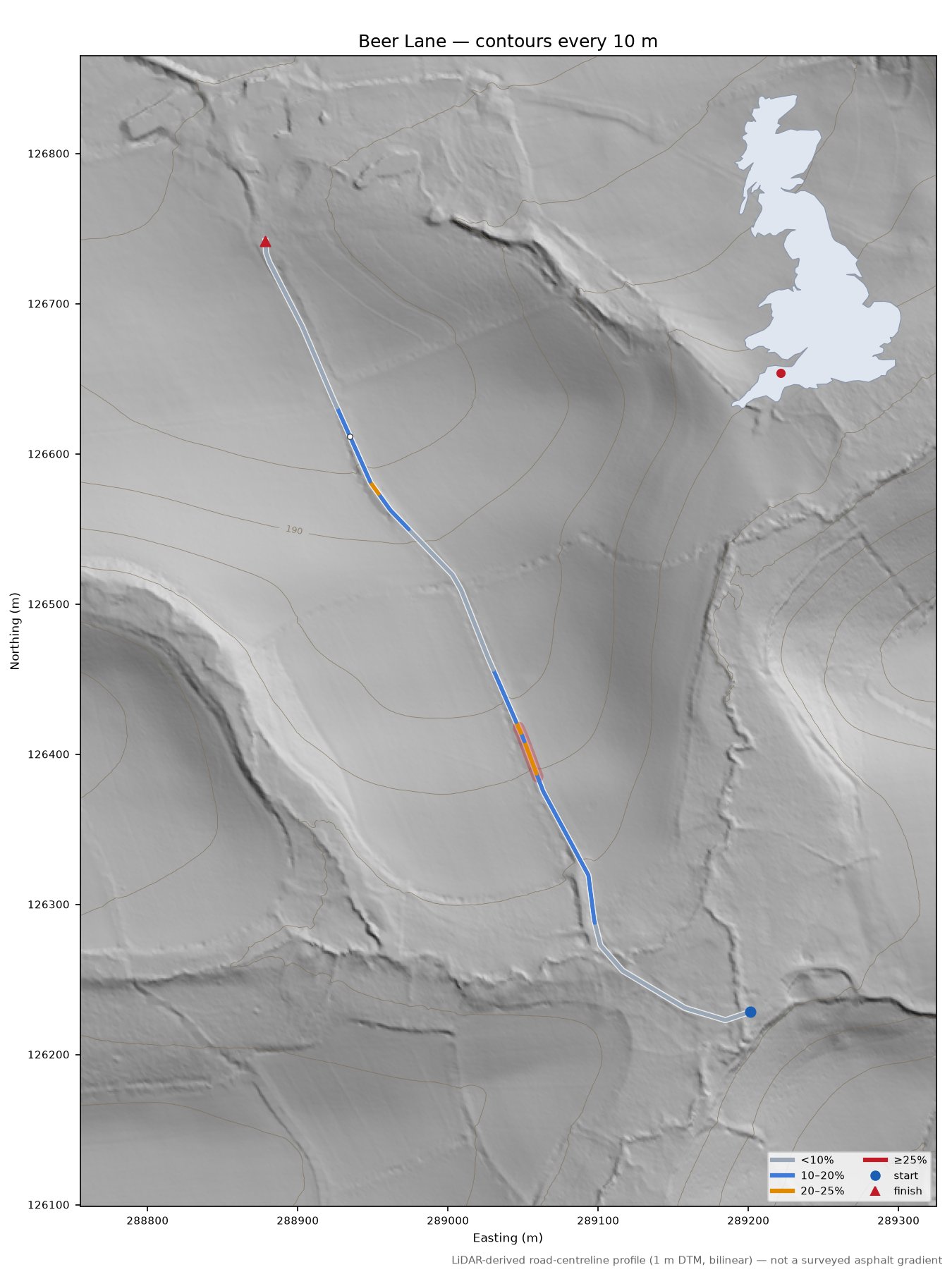 Beer Lane LiDAR hillshade map with contours