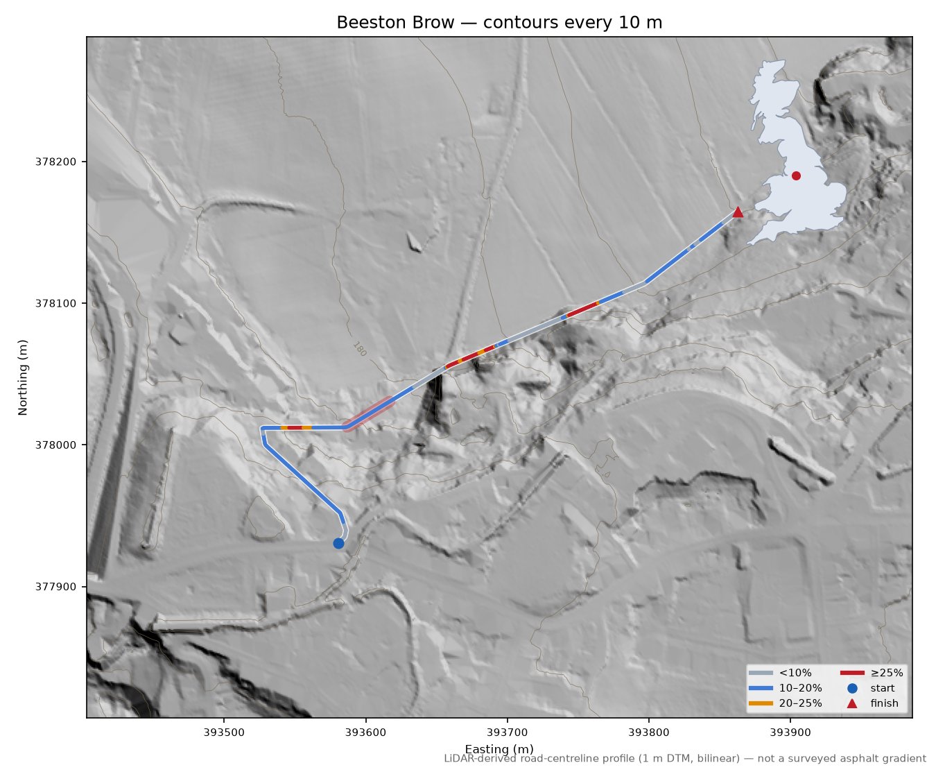 Beeston Brow LiDAR hillshade map with contours