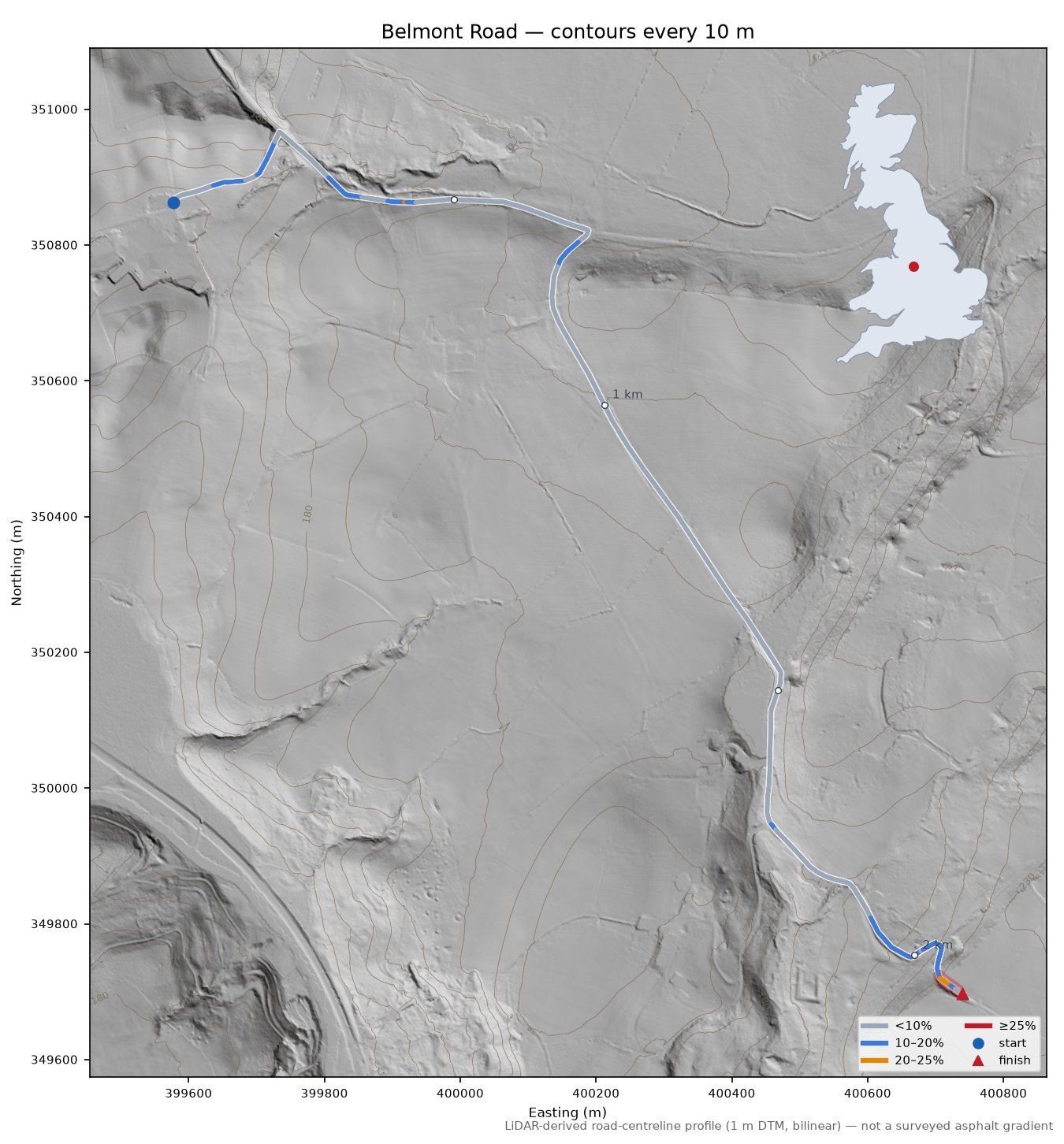 Belmont Road LiDAR hillshade map with contours