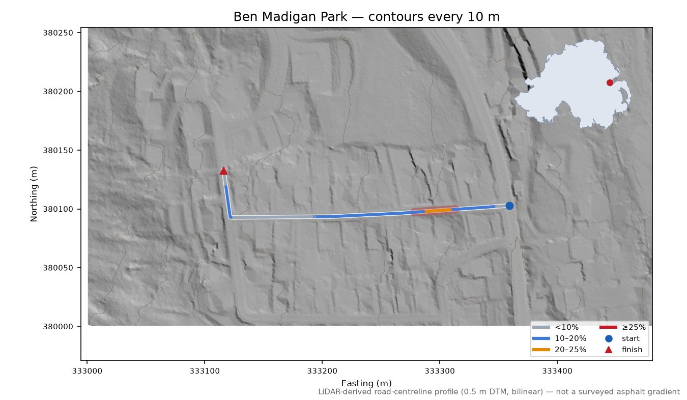 Ben Madigan Park LiDAR hillshade map with contours