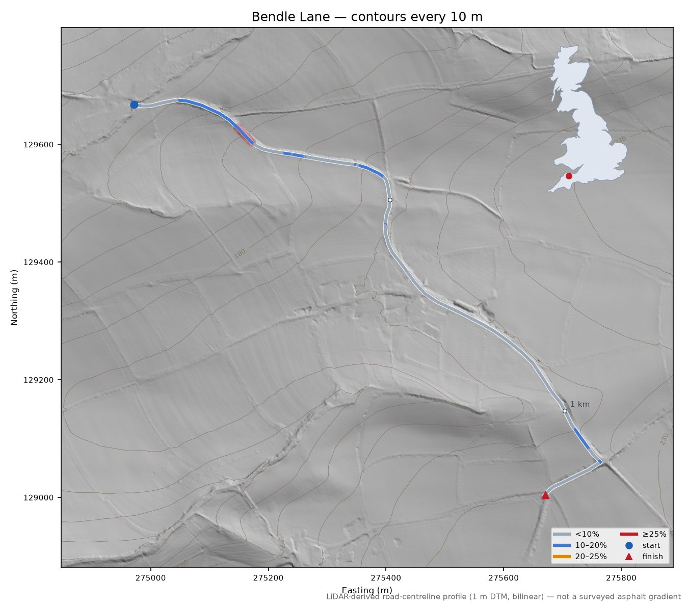 Bendle Lane LiDAR hillshade map with contours