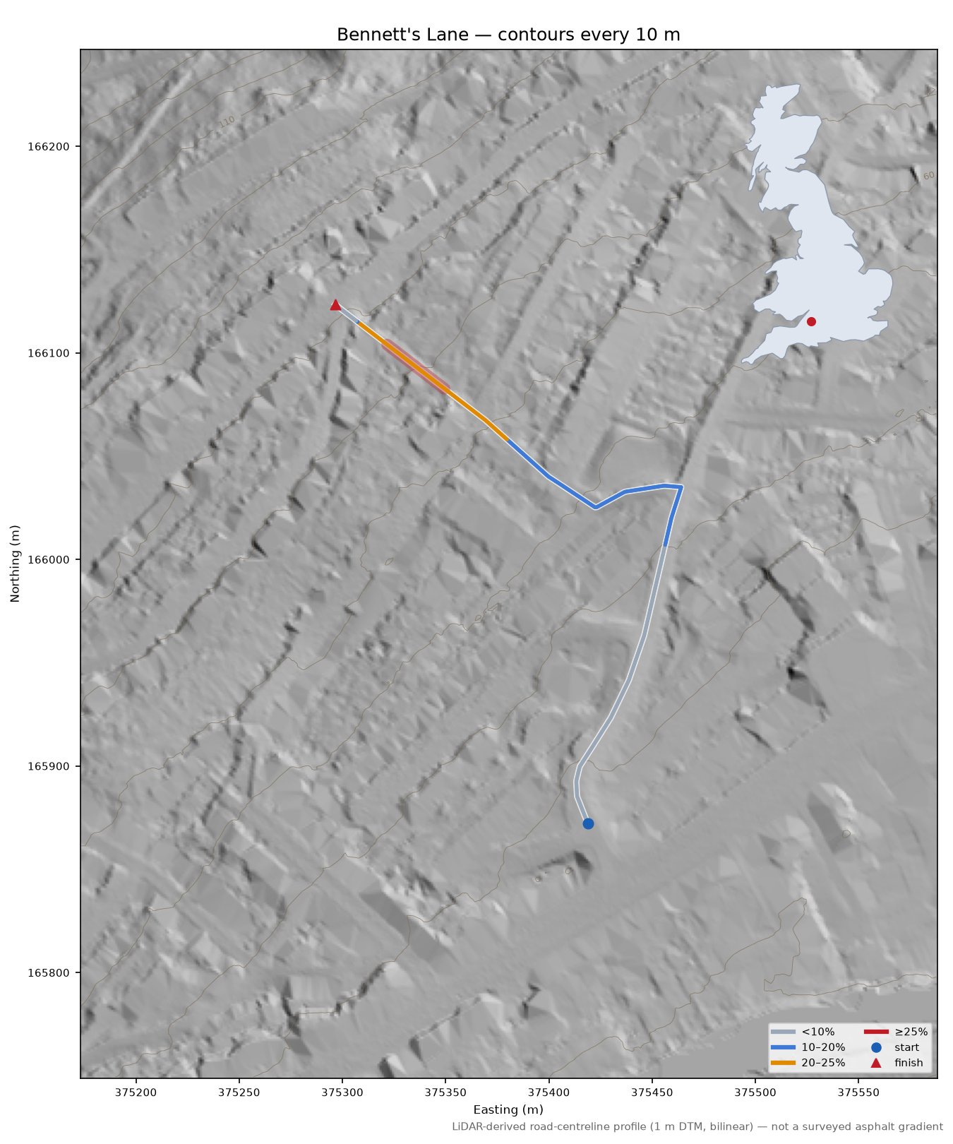 Bennett's Lane LiDAR hillshade map with contours