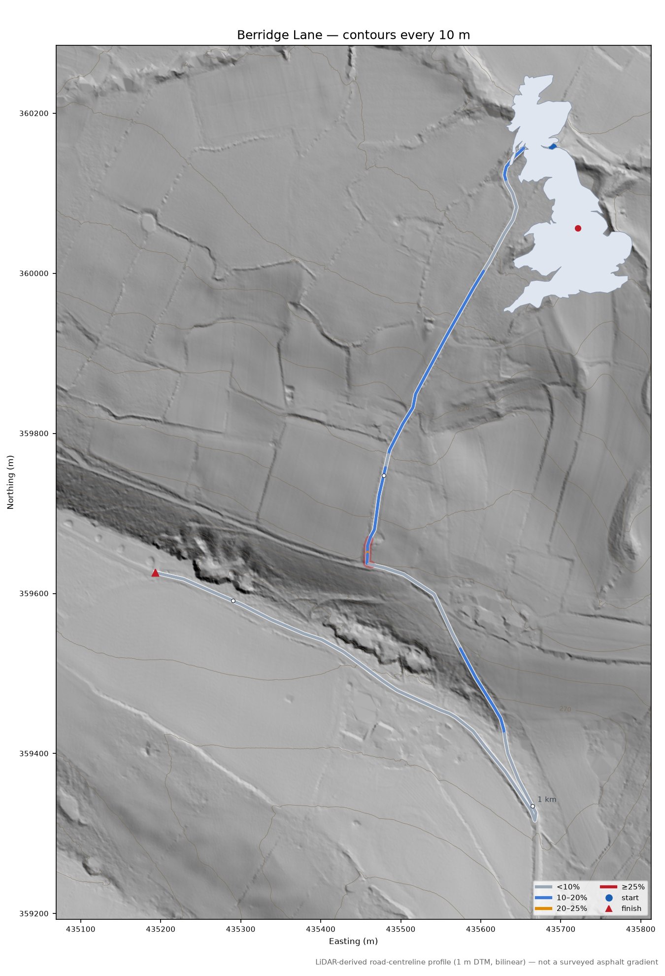 Berridge Lane LiDAR hillshade map with contours