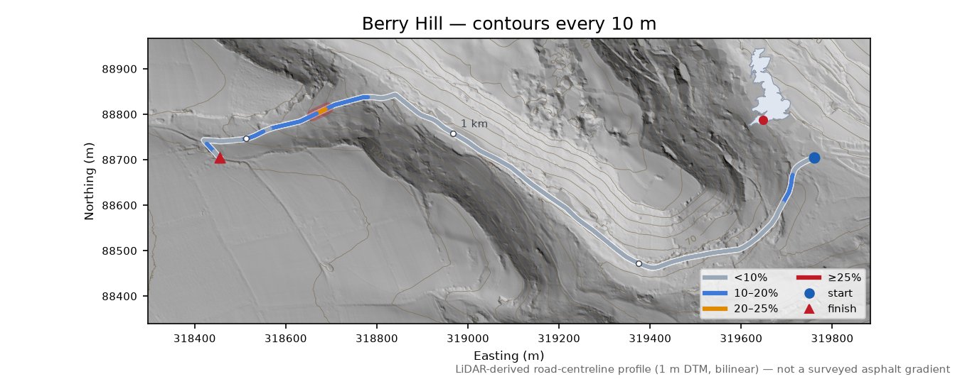 Berry Hill LiDAR hillshade map with contours