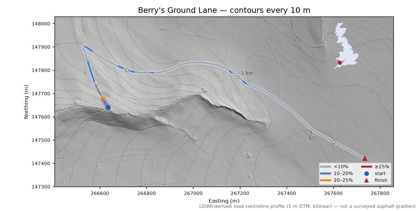 Berry's Ground Lane LiDAR hillshade map with contours