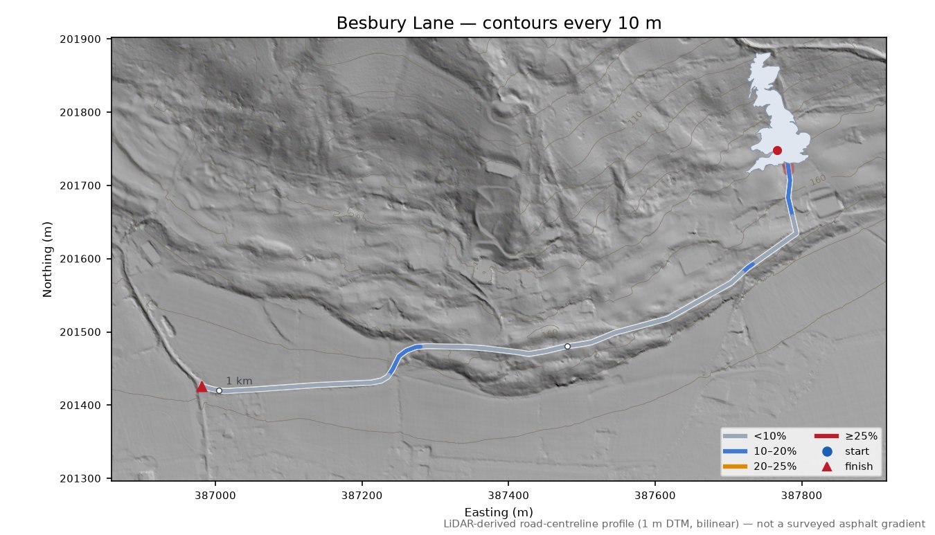 Besbury Lane LiDAR hillshade map with contours