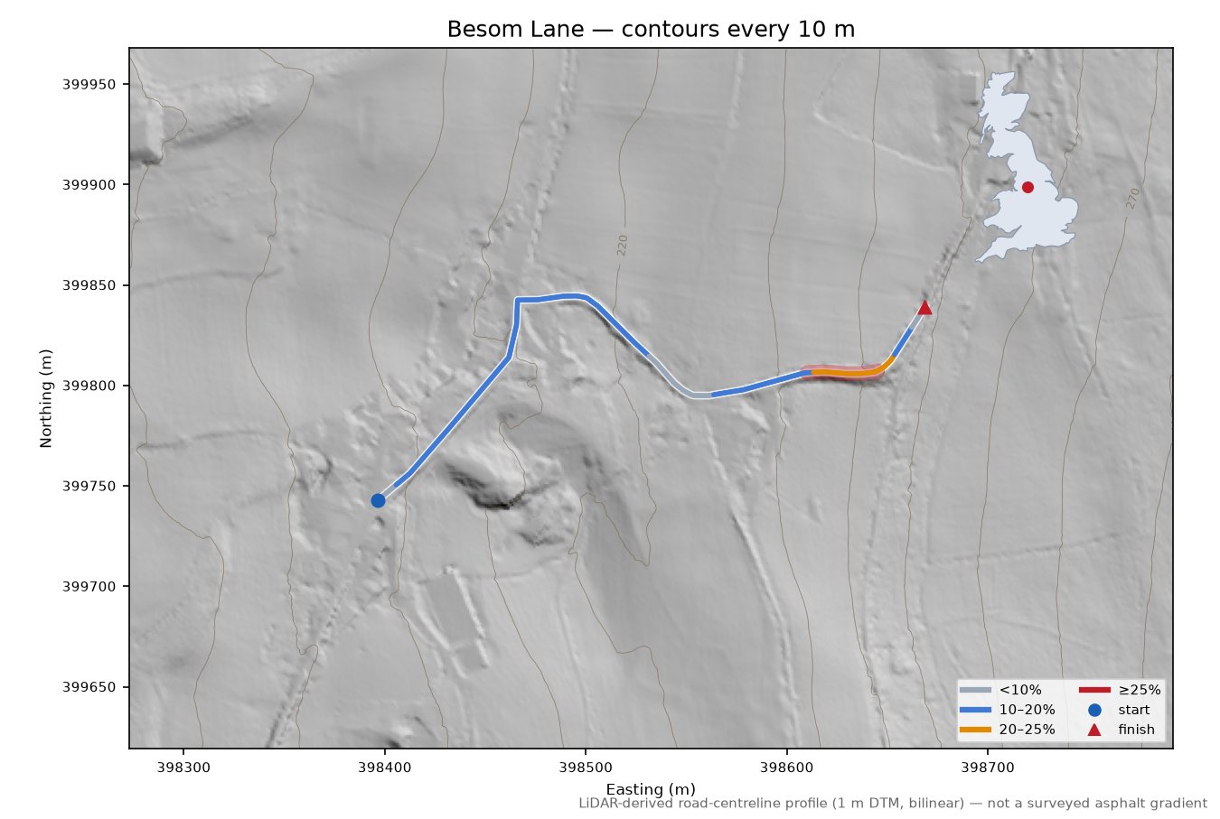 Besom Lane LiDAR hillshade map with contours