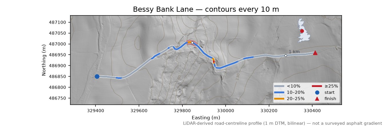 Bessy Bank Lane LiDAR hillshade map with contours