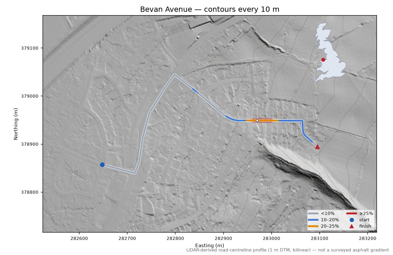 Bevan Avenue LiDAR hillshade map with contours