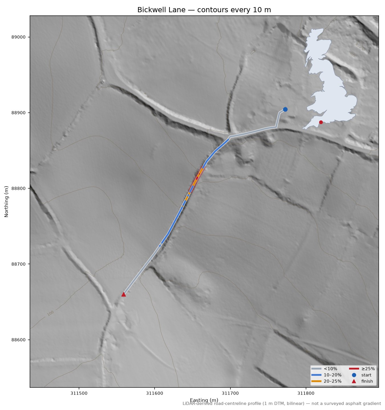 Bickwell Lane LiDAR hillshade map with contours