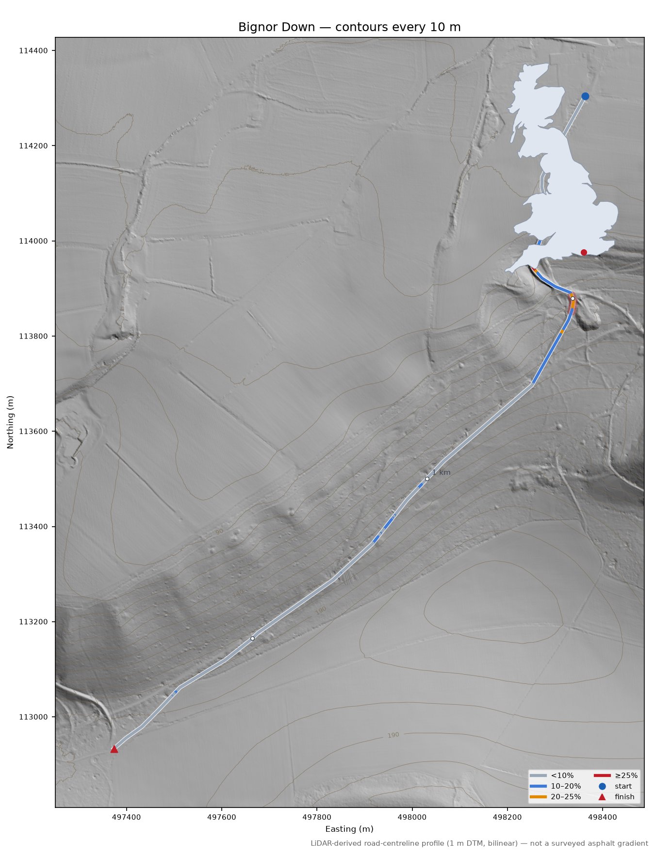 Bignor Down LiDAR hillshade map with contours
