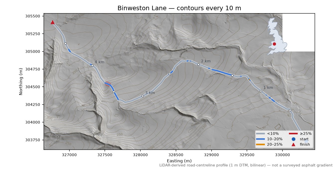 Binweston Lane LiDAR hillshade map with contours