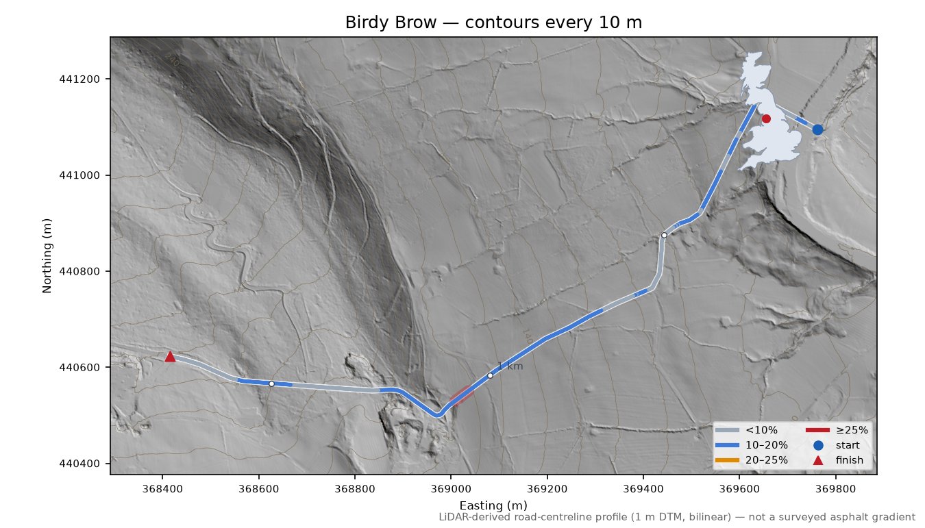 Birdy Brow LiDAR hillshade map with contours