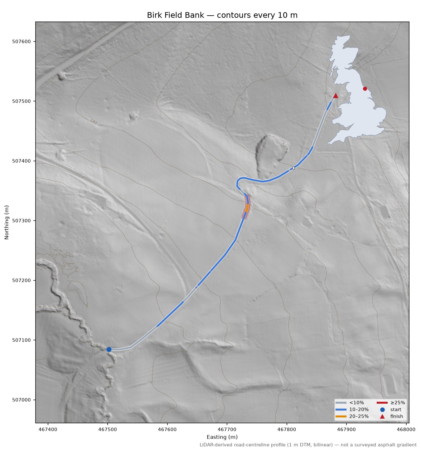 Birk Field Bank LiDAR hillshade map with contours