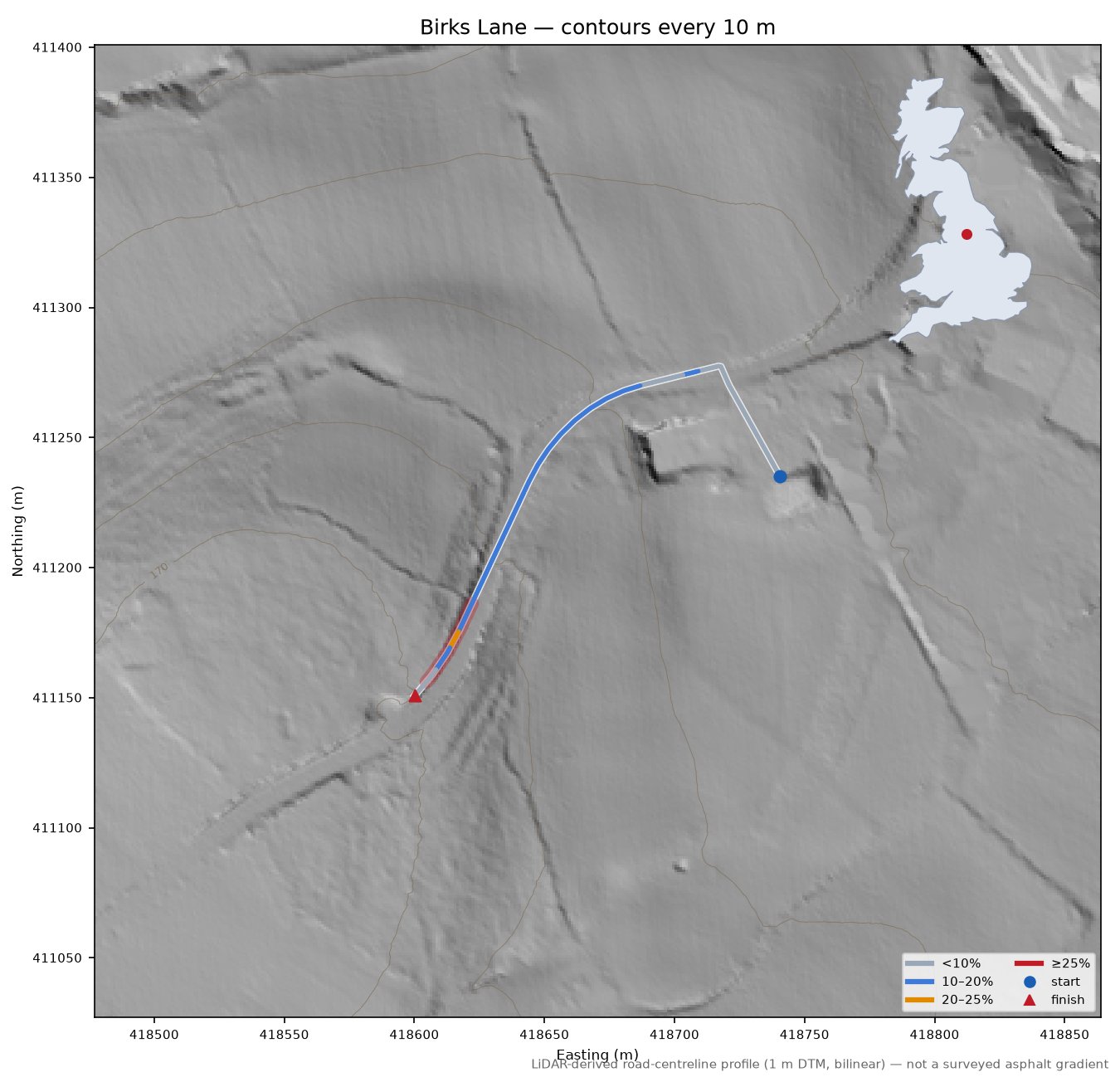 Birks Lane LiDAR hillshade map with contours