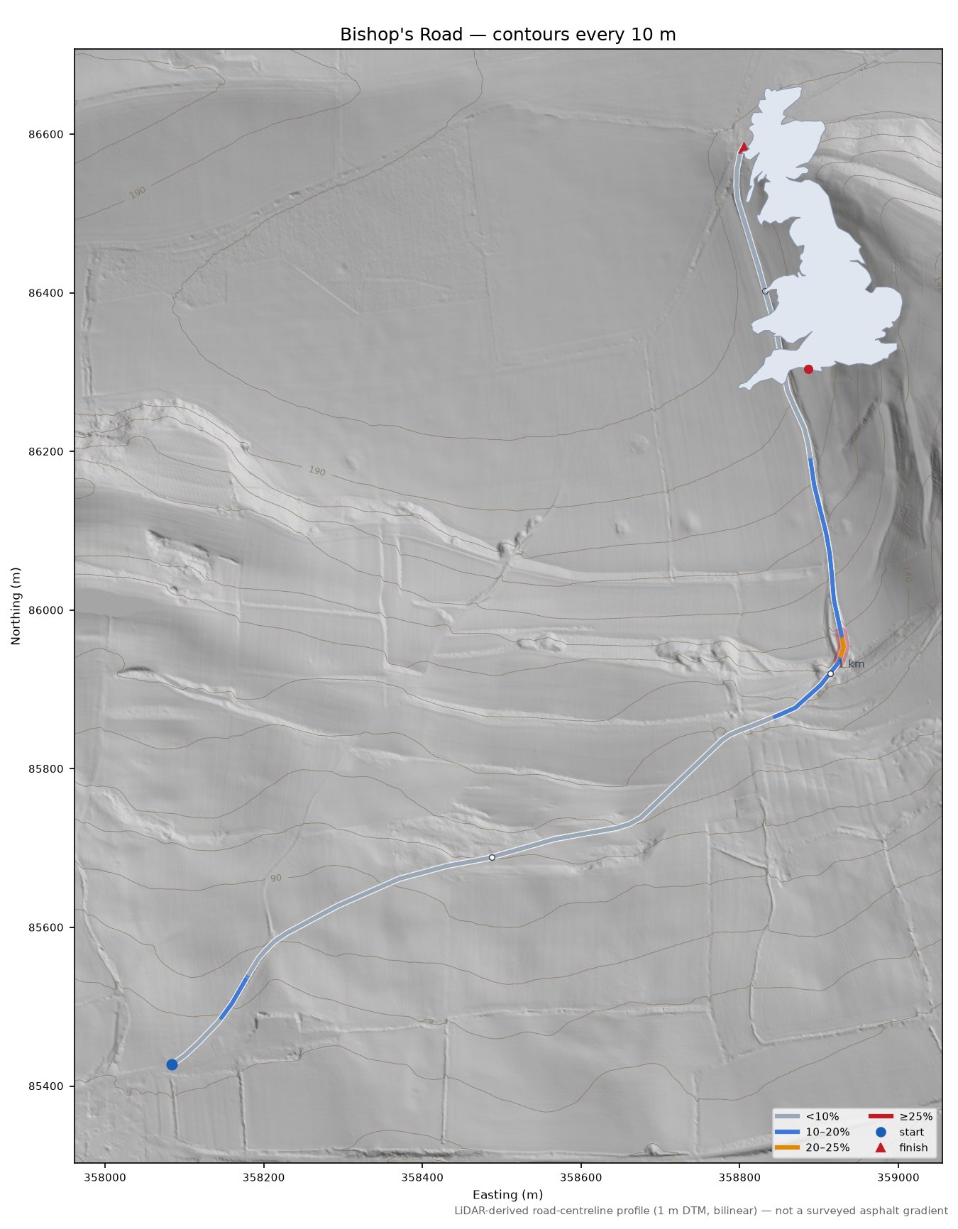 Bishop's Road LiDAR hillshade map with contours