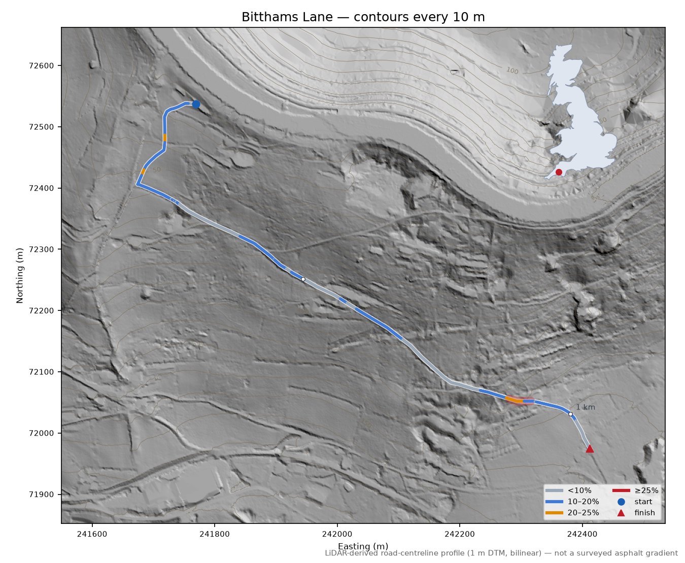 Bitthams Lane LiDAR hillshade map with contours