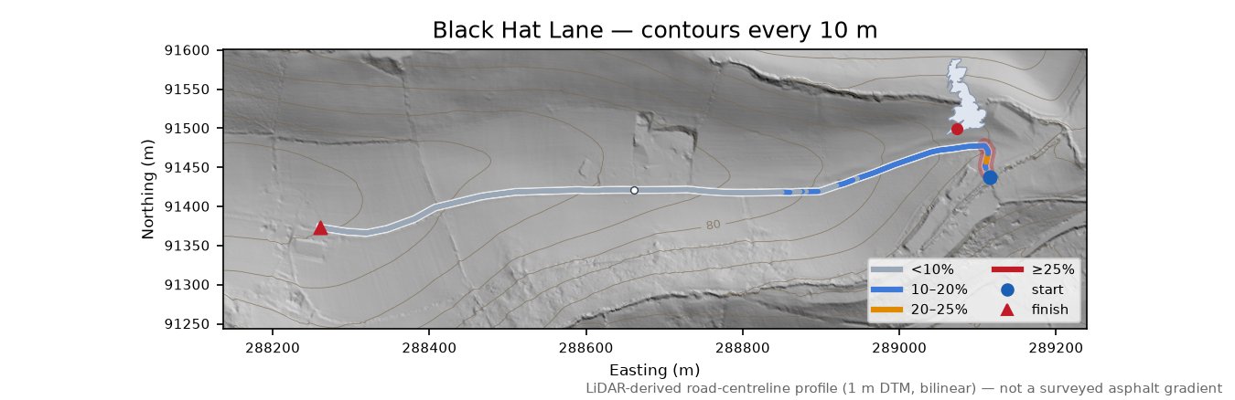 Black Hat Lane LiDAR hillshade map with contours