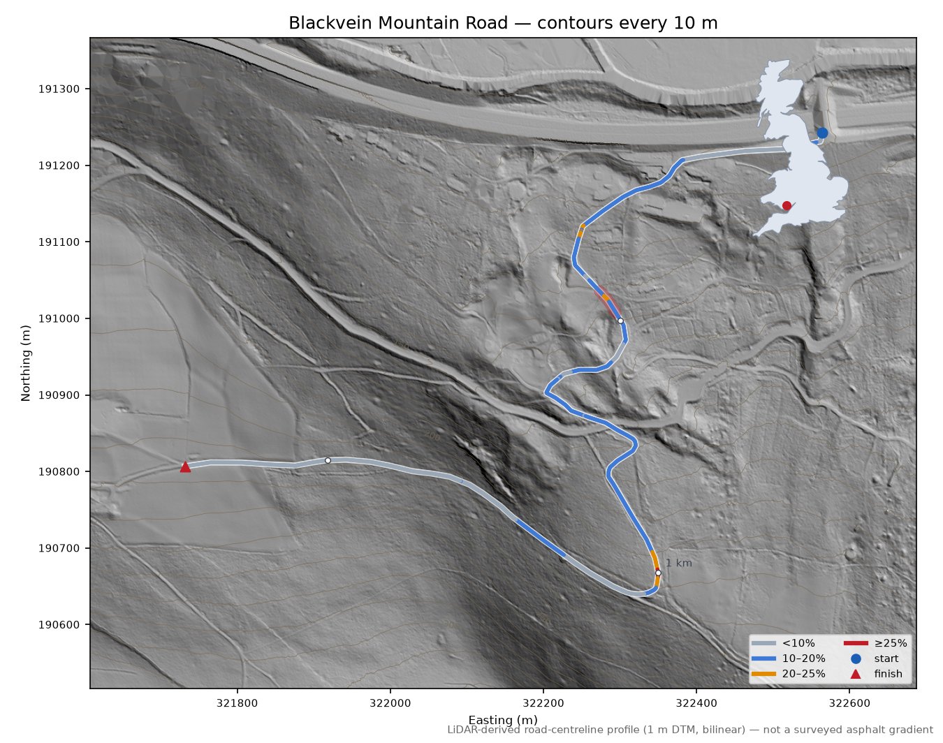Blackvein Mountain Road LiDAR hillshade map with contours