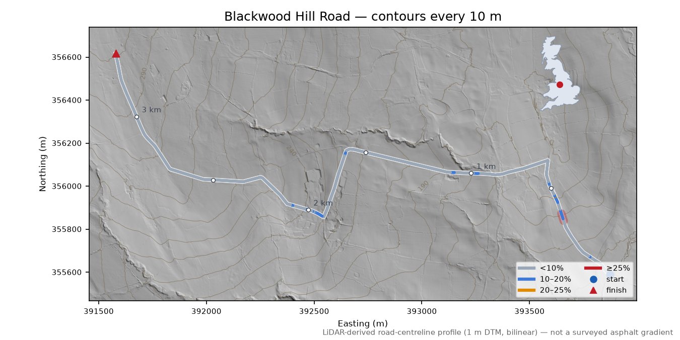 Blackwood Hill Road LiDAR hillshade map with contours