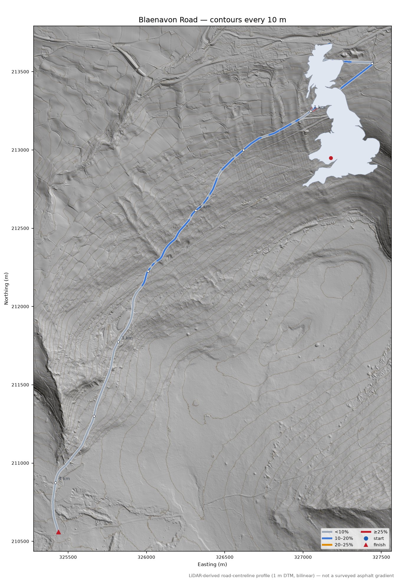 Blaenavon Road LiDAR hillshade map with contours