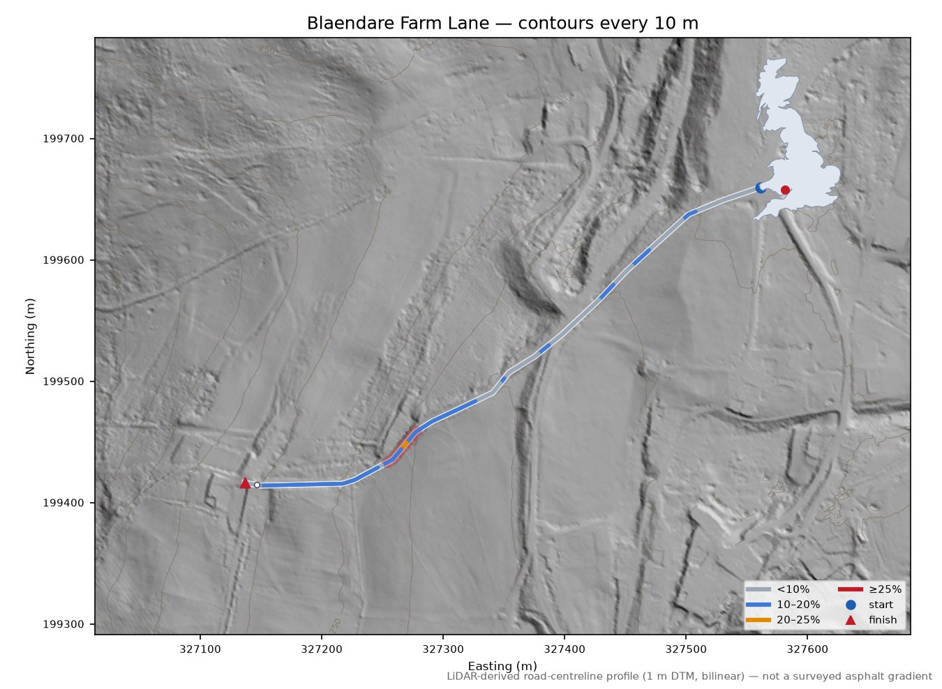 Blaendare Farm Lane LiDAR hillshade map with contours